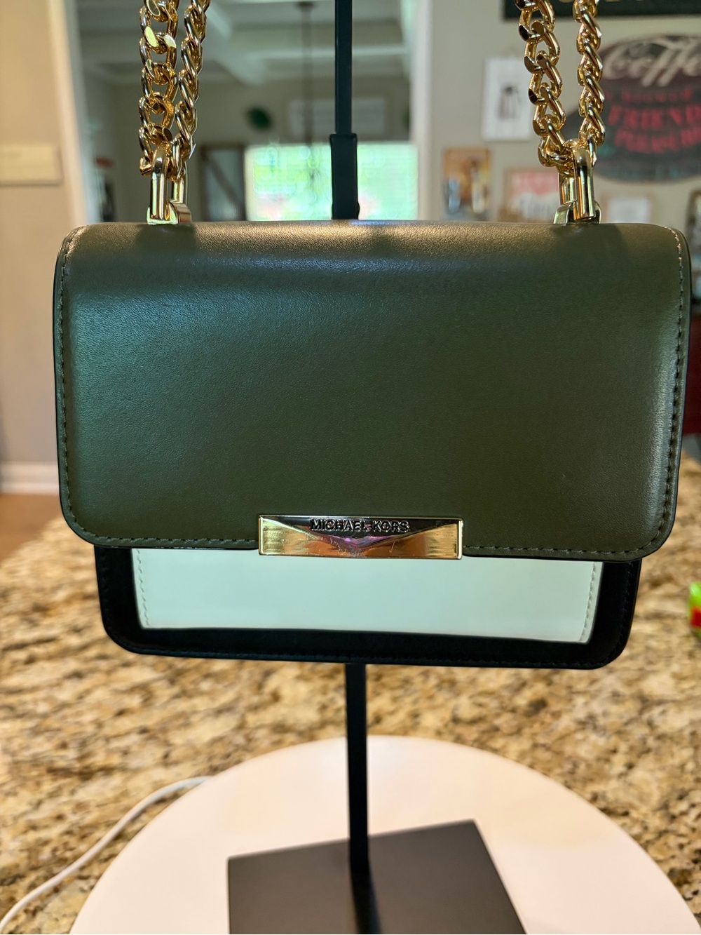 Michael Kors Olive Green and White Chain Strap Crossbody